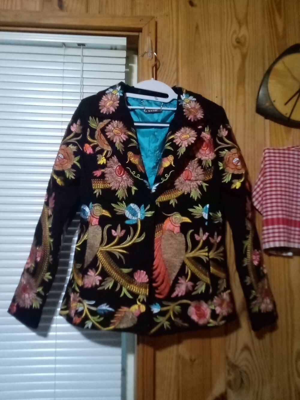Paparazzi by BIZ Black Lined Button Front Embroidered Floral Bird Jacket M